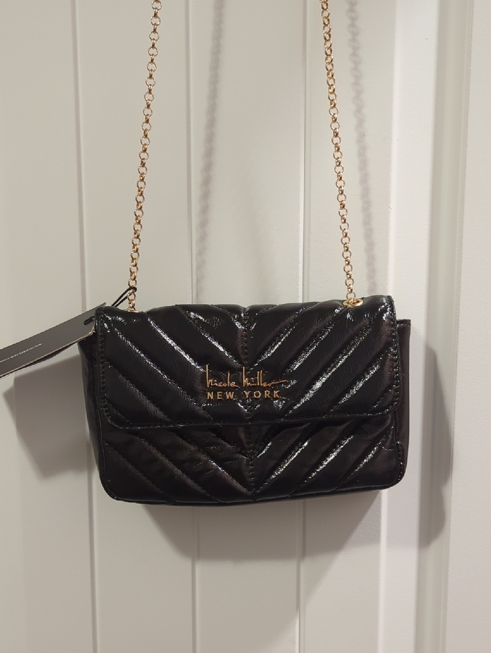 Nicole Miller Black Quilted Patent Crossbody with Gold Chain